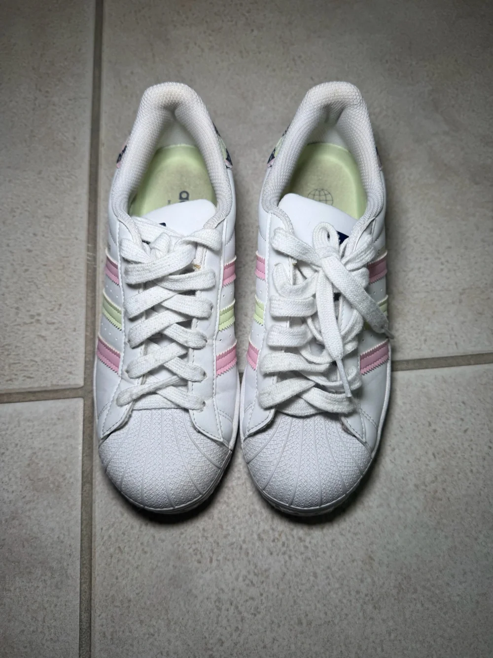 adidas superstar “White Floral” Sneakers with Pink and Light Green Stripes